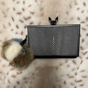Black and White Clutch with Fur Pom Pom